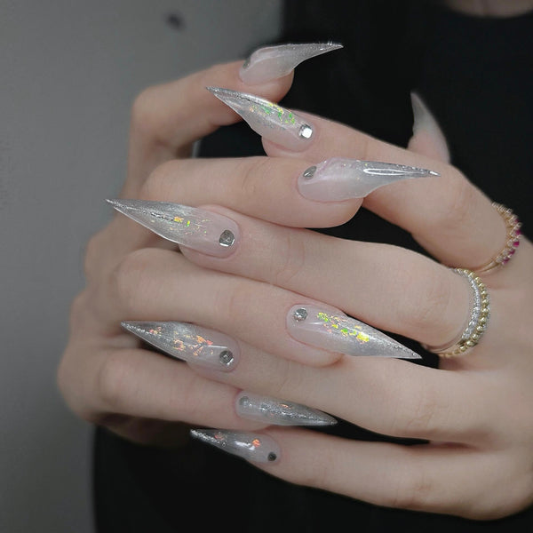 Fatal Angel | 1A60 Glitter with silver lines claw nails acrylic nails sharp nails armor gloves elegant pressons claw press on nails