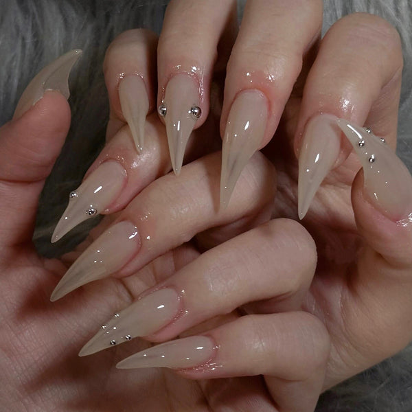 Fatal Angel | 1A66 nude long pointed nails with silver beads claw nails acrylic nails sharp nails claw press on nails armor gloves elegant pressons party nails