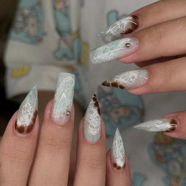 Fatal Angel | 1A73 mint lace leopard print claw nails elegant press on nails glove rings sharp nails long claw press on nails