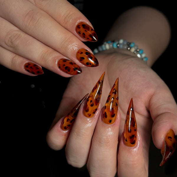 Ruins |  1R38 amber leopard print fox claw nails varying lengths acrylic press on nails claw press on nails sharp nails gothic nails