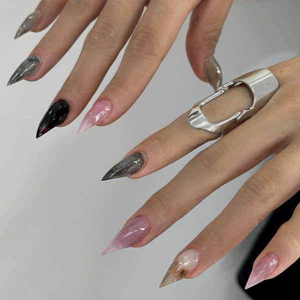Ruins |  1R36 Pink and black mixed color fox nails acrylic press on nails claw press on nails sharp nails elegant nails