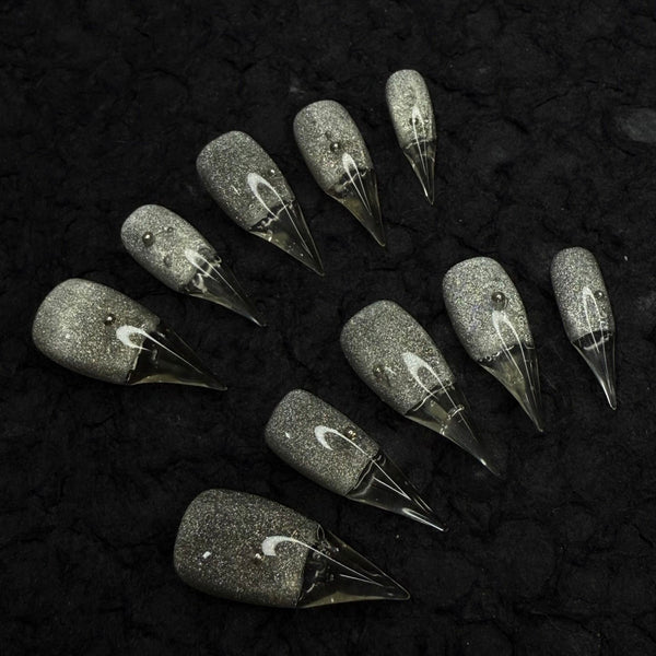 Fatal Angel | 1A33 silver glitter translucent pointed dragon claw press-on nails acrylic press on nails claw press on claw nails armor gloves claw nails sharp nails